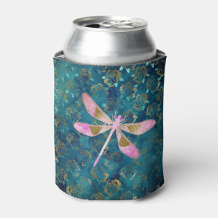 Rose Gold Dragonfly on Turquoise Floral Background Can Cooler