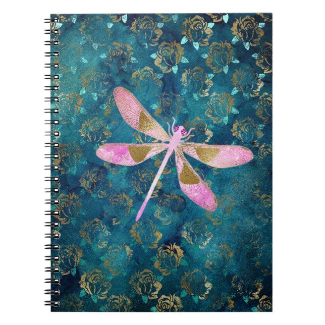 Rose Gold Dragonfly on Turquoise Floral Background Notebook (Front)