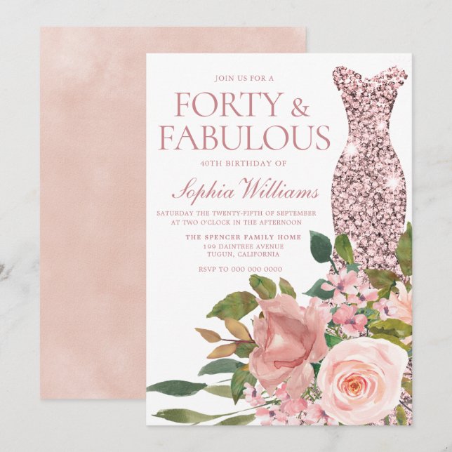 Rose Gold Dress & Blush Pink Flowers 40th Birthday Invitation (Front/Back)
