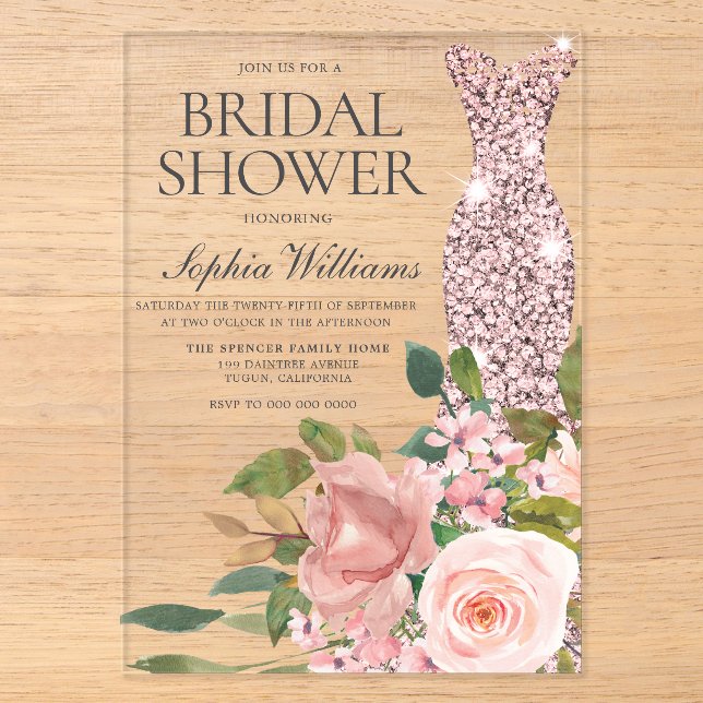 Rose Gold Dress & Blush Pink Flowers Bridal Shower Acrylic Invitations (Front)