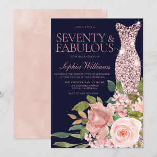 Rose Gold Dress Blush Pink & Navy 70th Birthday Invitation
