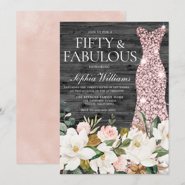 Rose Gold Dress Blush White Country 50th Birthday Invitation (Front/Back)