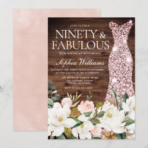 Rose Gold Dress Blush White Rustic 90th Birthday Invitation