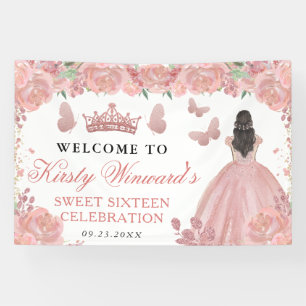 Rose Gold Dress Brunette Princess Floral Sweet 16 Banner