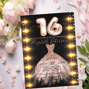 Rose Gold Dress Confetti Lights Sweet 16 Invitation