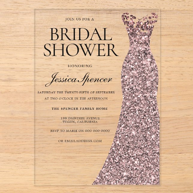 Rose Gold Dress Elegant Bridal Shower Acrylic Invitations (Front)