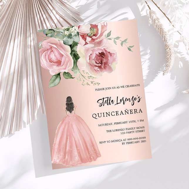 Rose gold dress pink florals Quinceanera Invitation (Creator Uploaded)