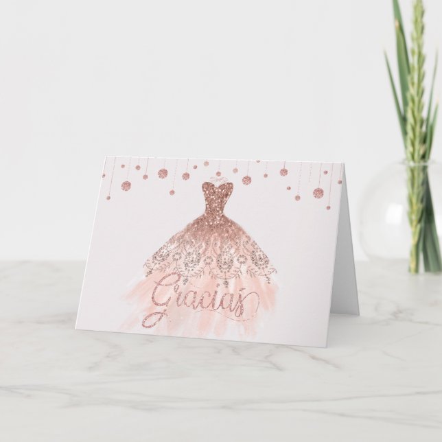 Rose Gold Dress Quinceañera 15th Birthday Gracias Thank You Card (Front)