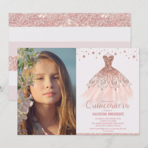 Rose Gold Dress Quinceañera 15th Birthday Photo Invitation