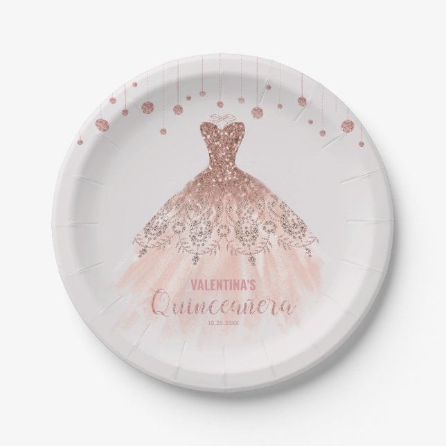 Rose Gold Dress Quinceañera Quinceanera 15th Paper Plate (Front)