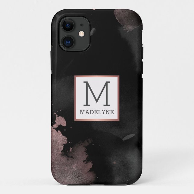 Rose Gold Drip Black Girly Monogram Name Case-Mate iPhone Case (Back)
