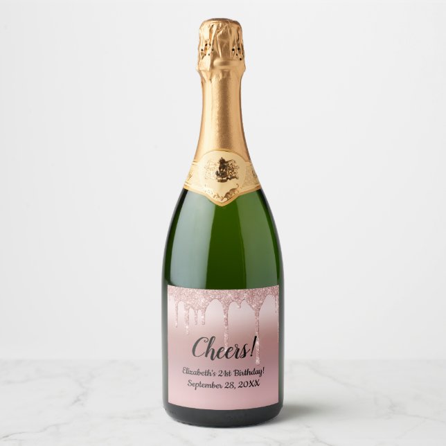 Rose Gold Dripping Glitter 21st Birthday Sparkling Wine Label (Front)