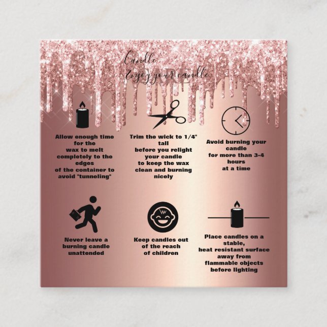 Rose Gold Dripping Glitter Candle Care      Square Business Card (Front)