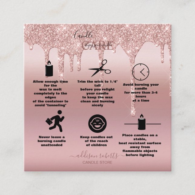 Rose Gold Dripping Glitter Candle Care  Square Business Card (Front)