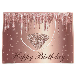 Rose Gold Dripping Glitter & Diamond Birthday  Large Gift Bag