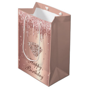 Rose Gold Dripping Glitter & Diamond Birthday Medium Gift Bag