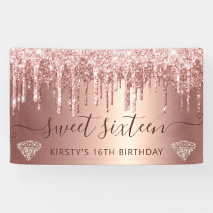 Rose Gold Dripping Glitter & Diamond Sweet 16 Banner