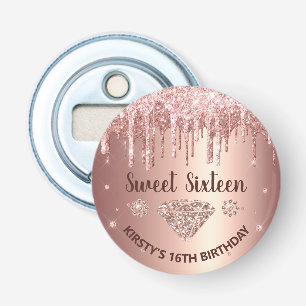 Rose Gold Dripping Glitter & Diamond Sweet 16   Bottle Opener