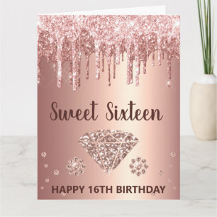 Rose Gold Dripping Glitter & Diamond Sweet 16 Card