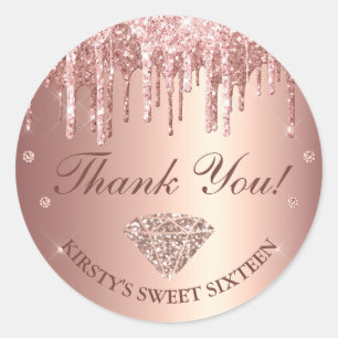 Rose Gold Dripping Glitter & Diamond Sweet 16 Classic Round Sticker