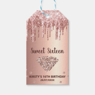 Rose Gold Dripping Glitter & Diamond Sweet 16 Gift Tags