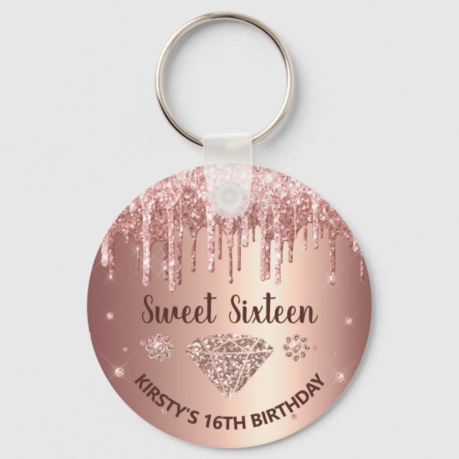 Rose Gold Dripping Glitter & Diamond Sweet 16  Keychain (Front)