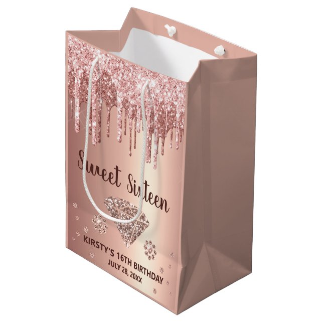 Rose Gold Dripping Glitter & Diamond Sweet 16 Medium Gift Bag (Front Angled)