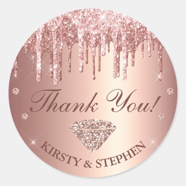 Rose Gold Dripping Glitter & Diamond Wedding Classic Round Sticker (Front)
