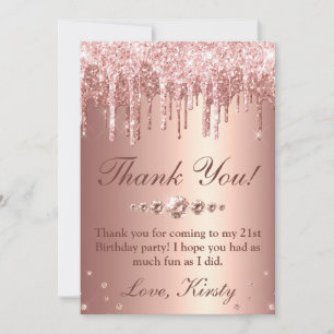Rose Gold Dripping Glitter & Diamonds Birthday Thank You Card