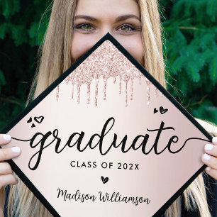 Rose Gold Dripping Glitter Modern Script Hearts Graduation Cap Topper