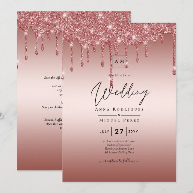 Rose Gold Dripping Glitter Modern Wedding Invite (Front/Back)