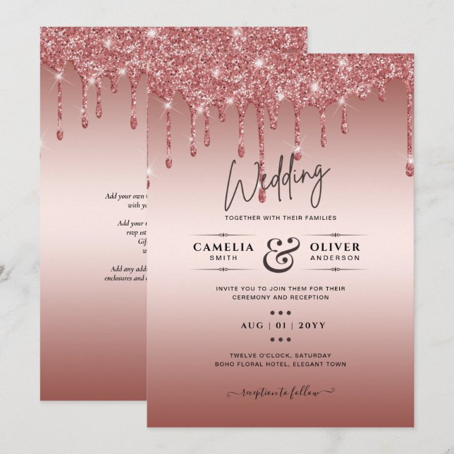 Rose Gold Dripping Glitter Modern Wedding Invite (Front/Back)
