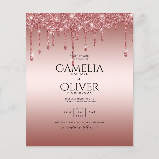 Rose Gold Dripping Glitter Modern Wedding Invite Flyer (Front)