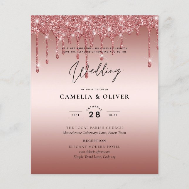Rose Gold Dripping Glitter Modern Wedding Invite Flyer (Front)