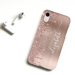 Rose Gold Dripping Glitter Personalized iPhone XR Case<br><div class="desc">Custom elegant and girly phone case featuring rose gold faux glitter dripping against a rose gold faux metallic foil background. Personalize with your name in a stylish trendy white script with swashes.</div>