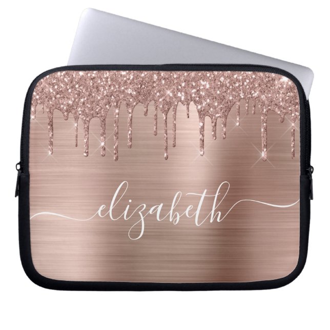 Rose Gold Dripping Glitter Personalized Laptop Sleeve (Front)