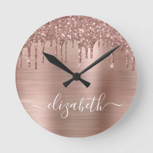 Rose Gold Dripping Glitter Personalized Round Clock