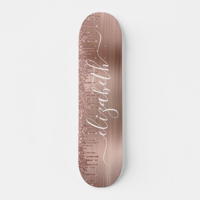 Rose Gold Dripping Glitter Personalized Skateboard (Front)