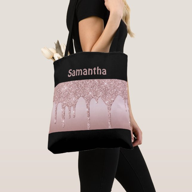 Rose Gold Dripping Glitter Pink Blush Monogram Tote Bag (Close Up)