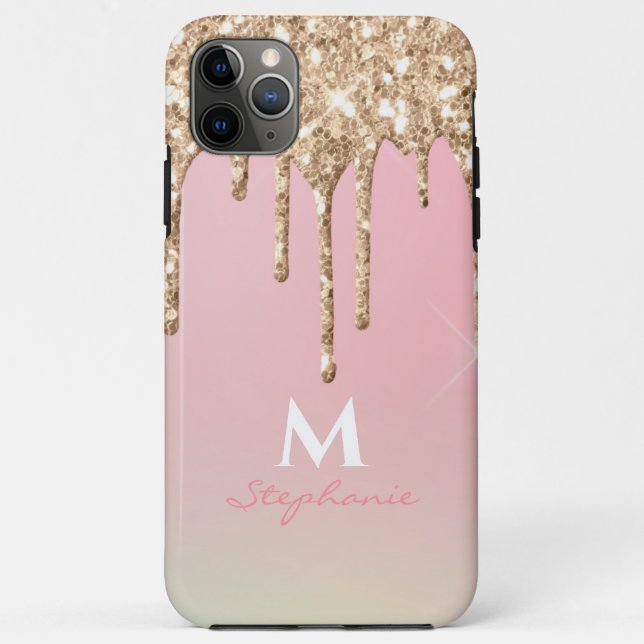 Rose Gold Dripping Glitter Pink Ombre Monogram Case-Mate iPhone Case (Back)