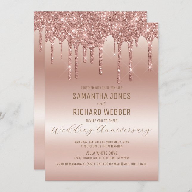 Rose Gold Dripping Glitter Shine Anniversary Invitation (Front/Back)