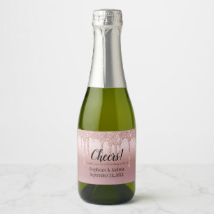 Rose Gold Dripping Glitter Wedding Mini Sparkling Wine Label