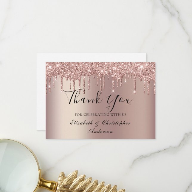 Rose Gold Dripping Glitter Wedding Thank You Card (Front/Back In Situ)