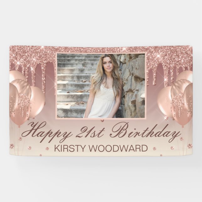 Rose Gold Dripping Glitter with diamonds Birthday Banner (Horizontal)