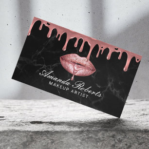 Rose Gold Dripping Lips Black Marble Makeup Artist Business Card