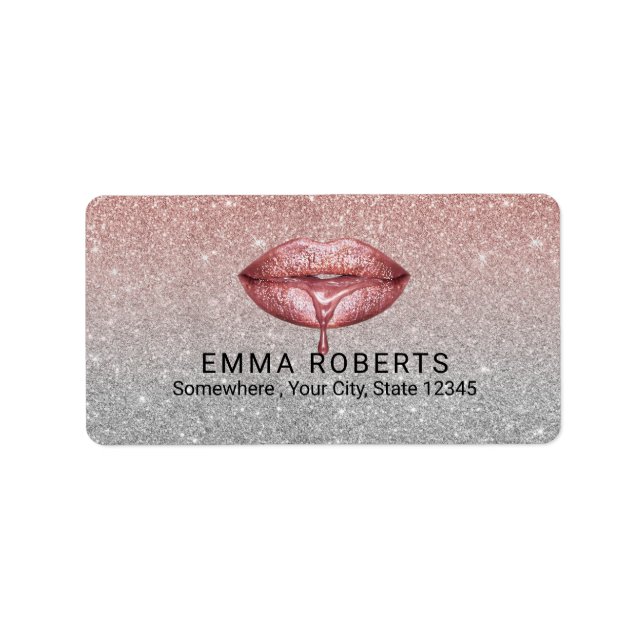 Rose Gold Dripping Lips Silver Glitter Salon Label (Front)