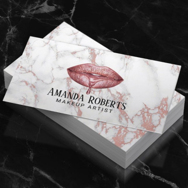 Rose Gold Dripping Lips White Marble Makeup Artist Business Card (Creator Uploaded)