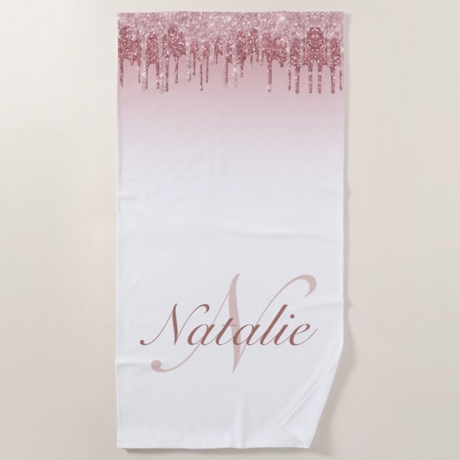 Rose gold dripping sparkling faux glitter beach towel (Front)