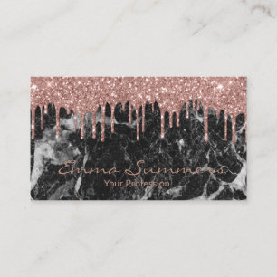 Rose Gold Drips Black Marble Customize Glitter Business Card