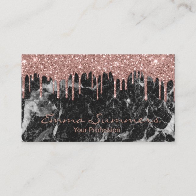 Rose Gold Drips Black Marble Customize Glitter Business Card (Front)